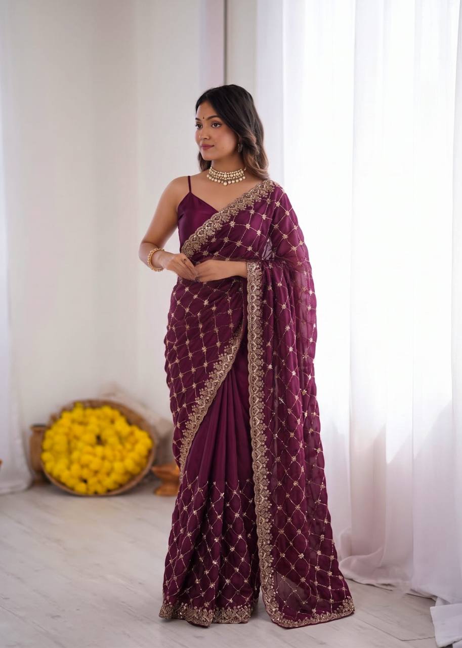 Designer Fendy Silk Saree with Heavy Beadwork