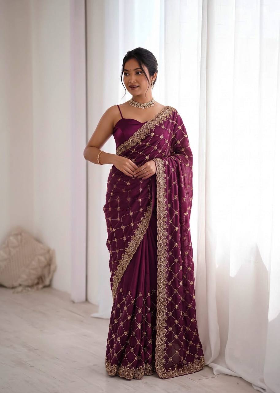 Designer Fendy Silk Saree with Heavy Beadwork