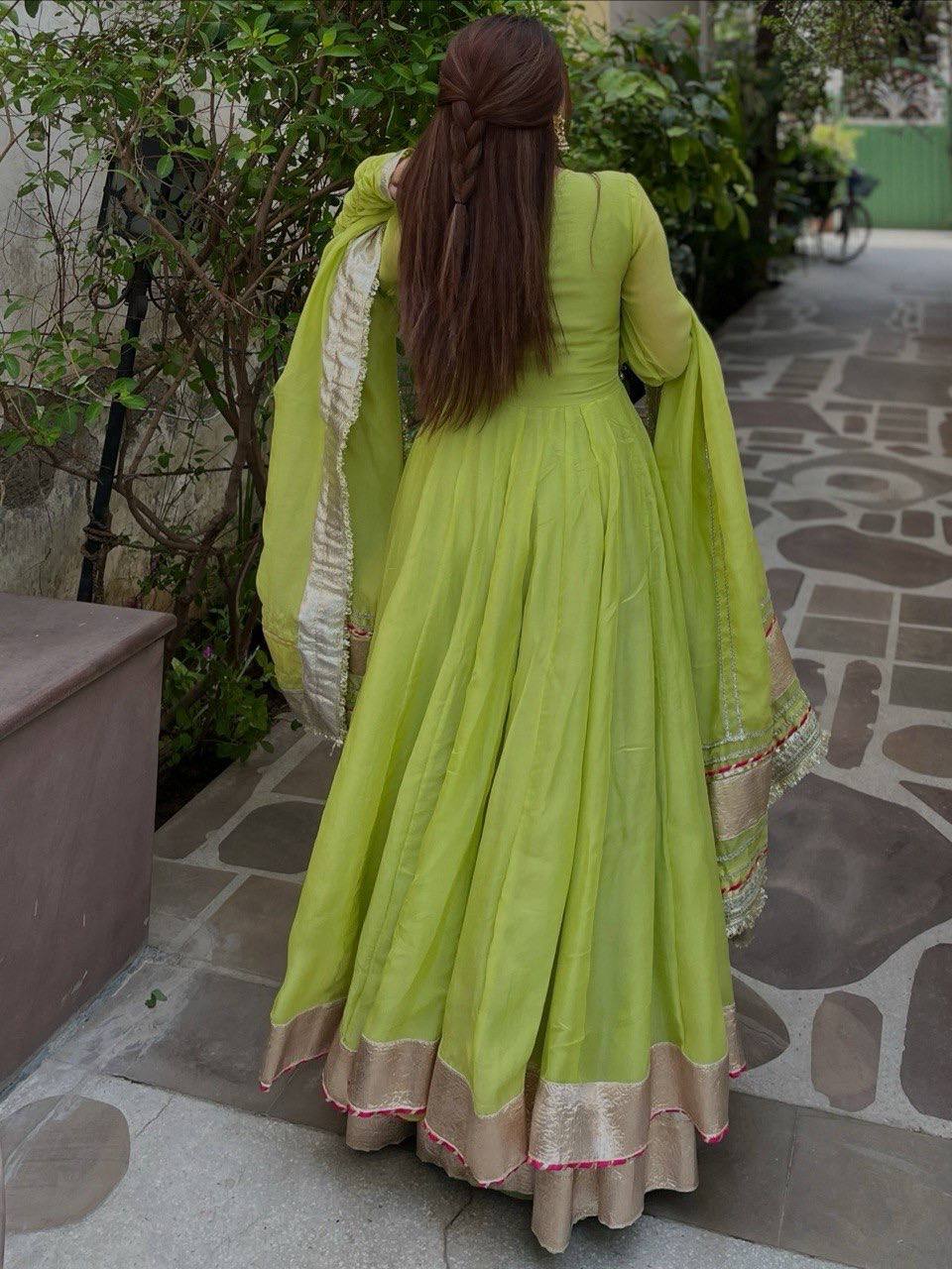 Premium Tabby Organza Silk Anarkali Lehenga Dupatta Set