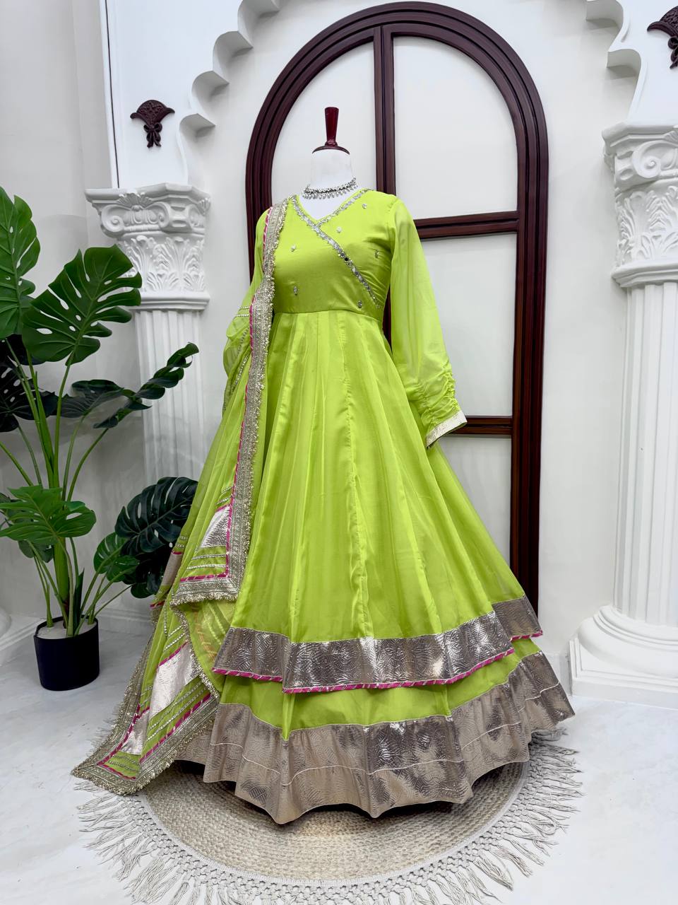 Premium Tabby Organza Silk Anarkali Lehenga Dupatta Set