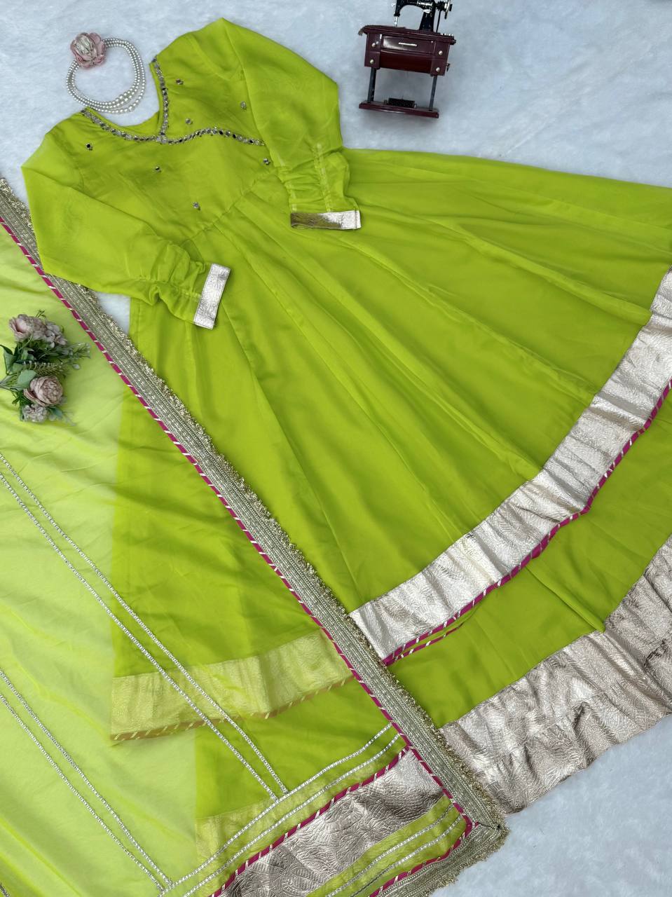 Premium Tabby Organza Silk Anarkali Lehenga Dupatta Set