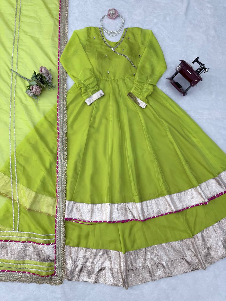 Premium Tabby Organza Silk Anarkali Lehenga Dupatta Set