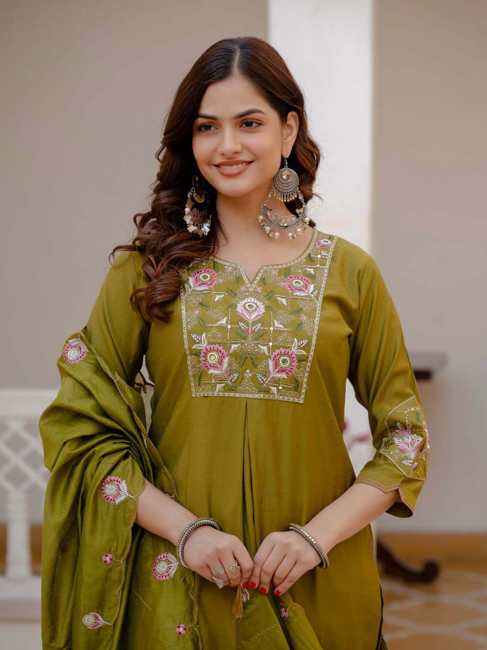 Designer Viscose Mango Silk Kurti Pant Dupatta Set