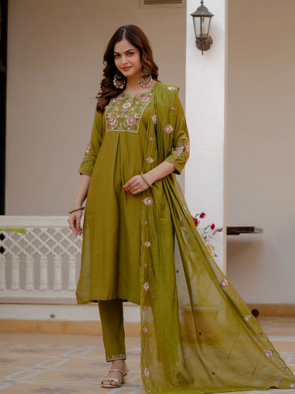 Designer Viscose Mango Silk Kurti Pant Dupatta Set