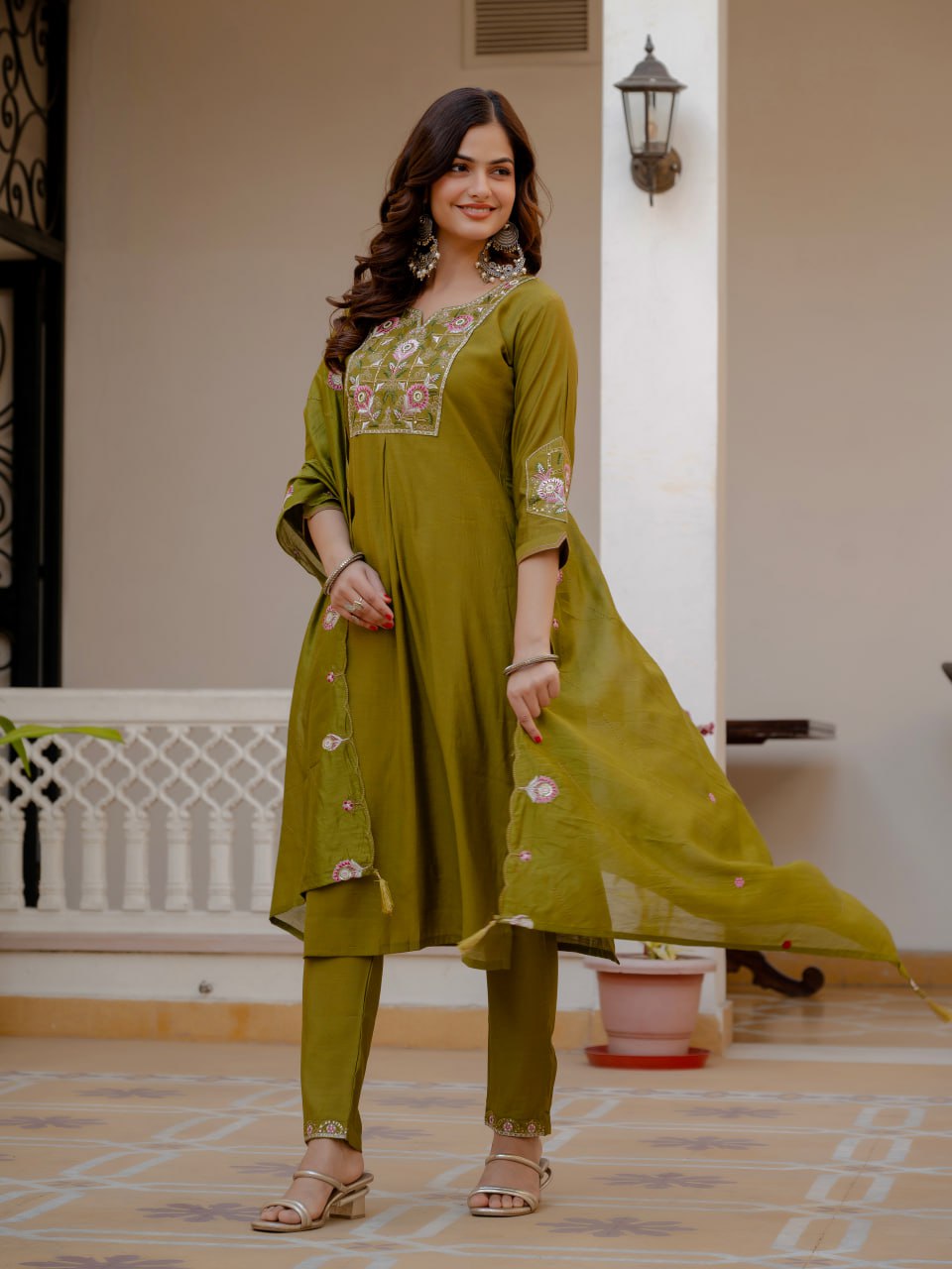 Designer Viscose Mango Silk Kurti Pant Dupatta Set