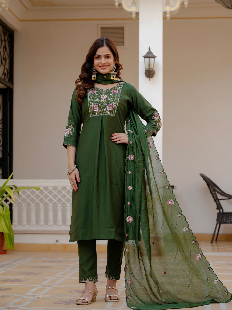 Designer Viscose Mango Silk Kurti Pant Dupatta Set