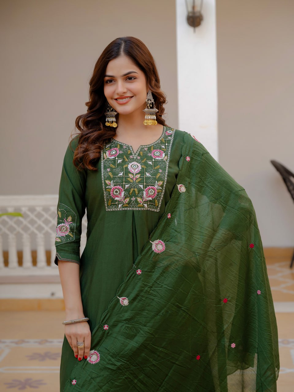 Designer Viscose Mango Silk Kurti Pant Dupatta Set