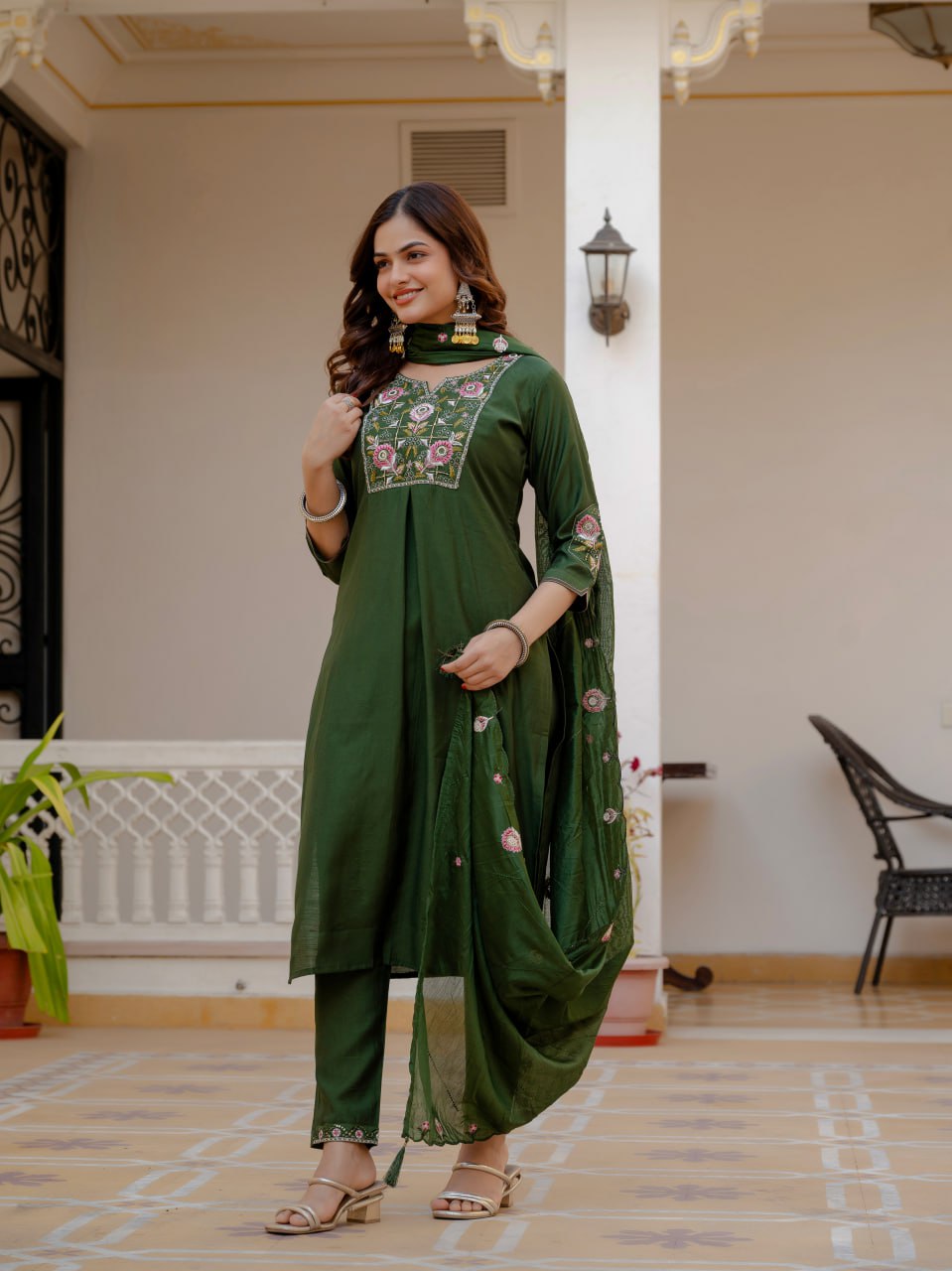 Designer Viscose Mango Silk Kurti Pant Dupatta Set