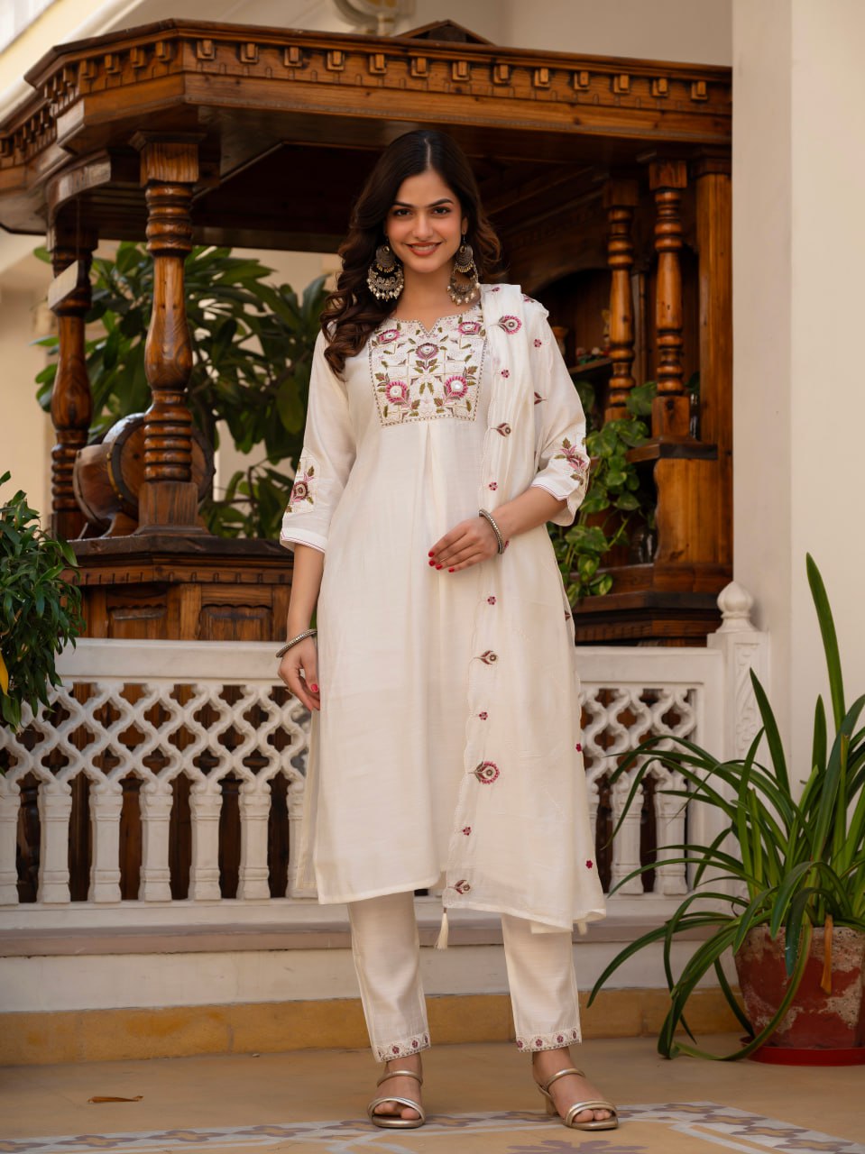 Designer Viscose Mango Silk Kurti Pant Dupatta Set