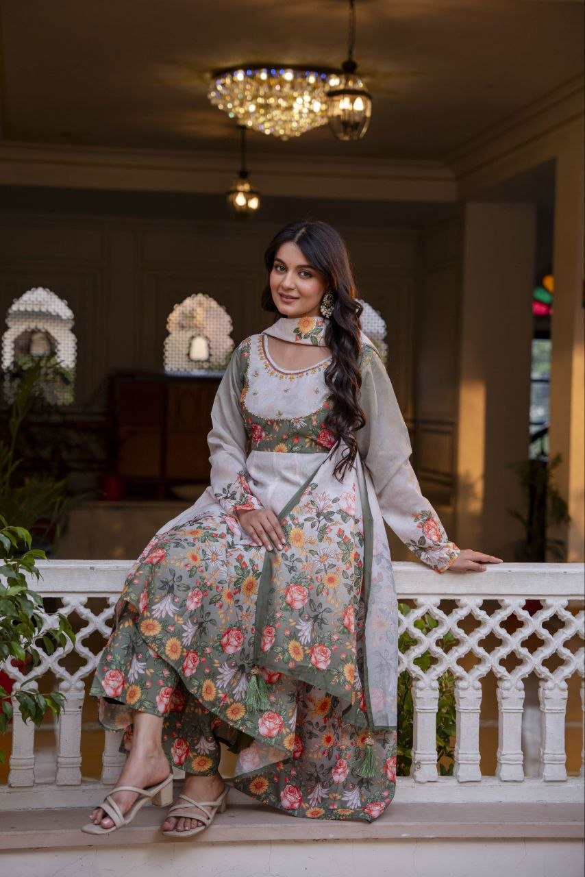 Elegant Digital Print Chanderi Gown with Palazzo & Dupatta
