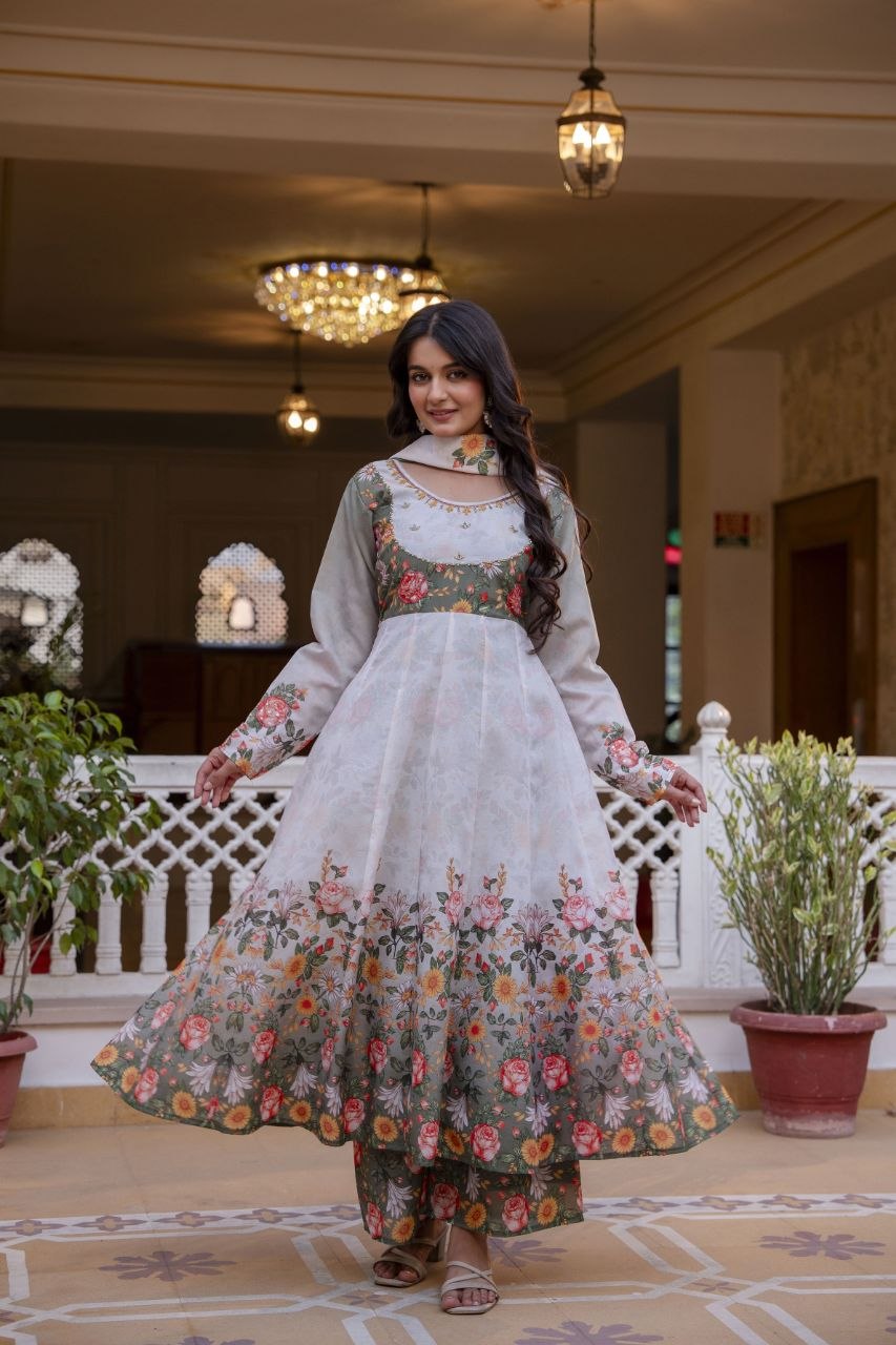 Elegant Digital Print Chanderi Gown with Palazzo & Dupatta