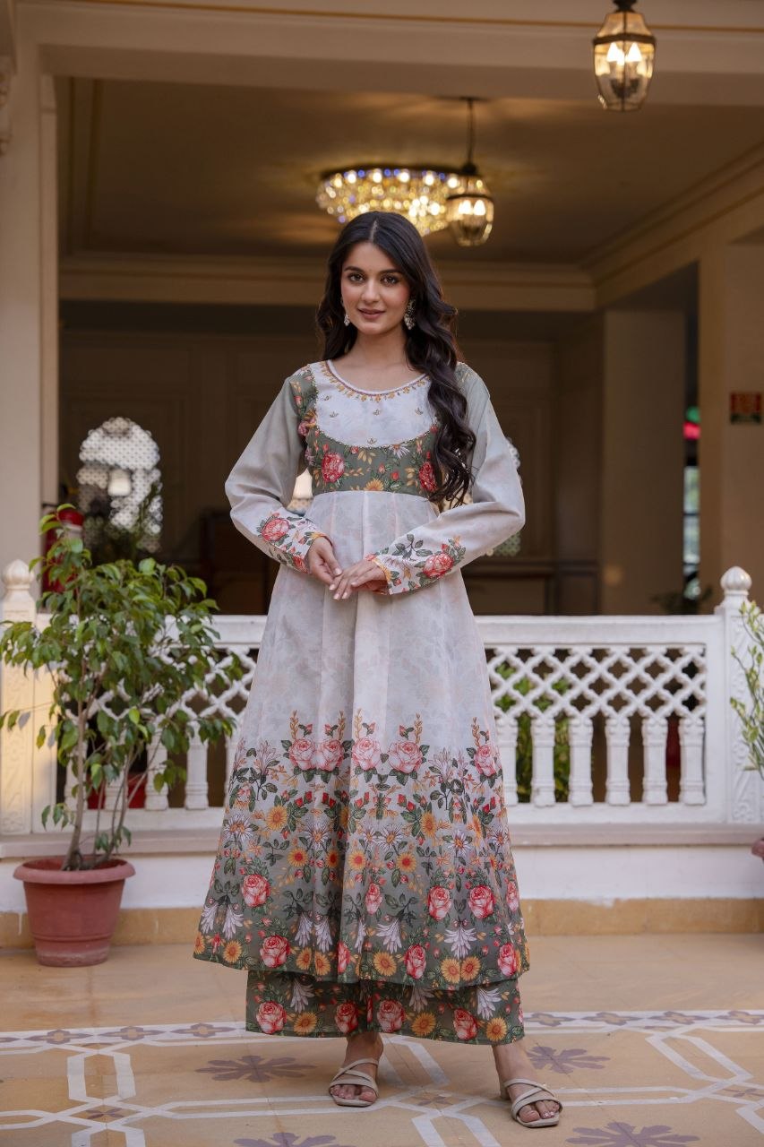 Elegant Digital Print Chanderi Gown with Palazzo & Dupatta