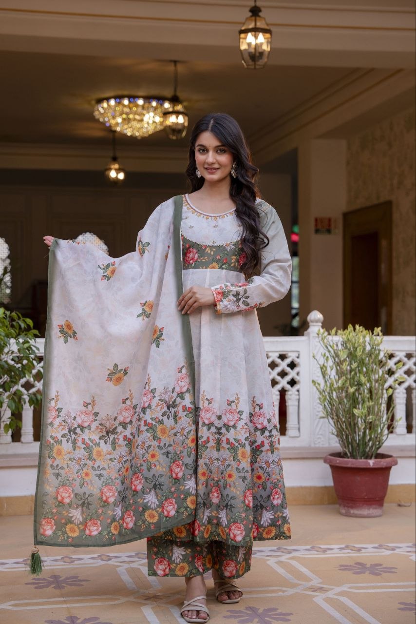 Elegant Digital Print Chanderi Gown with Palazzo & Dupatta