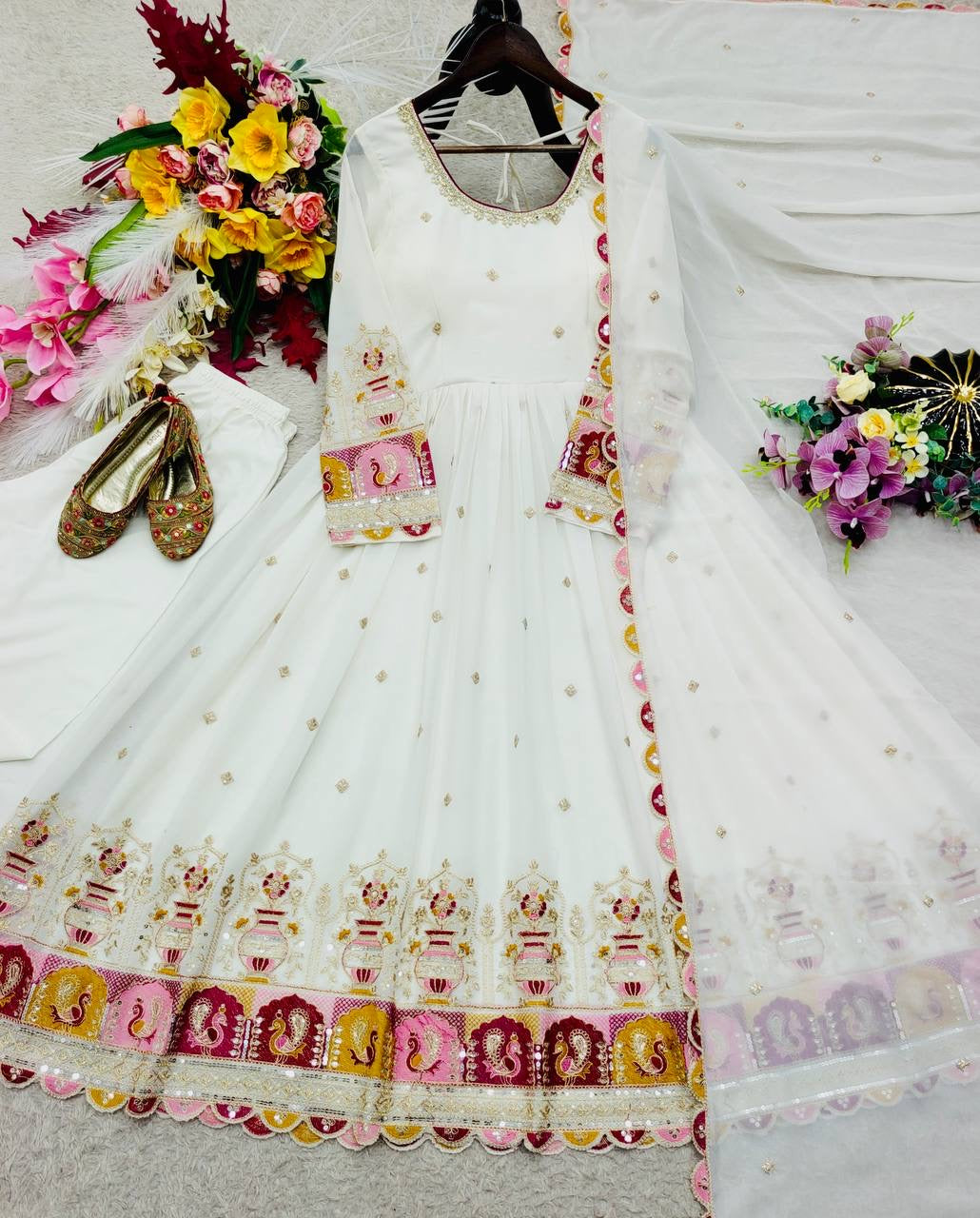 Designer Blooming Georgette Gown Pant Dupatta Set