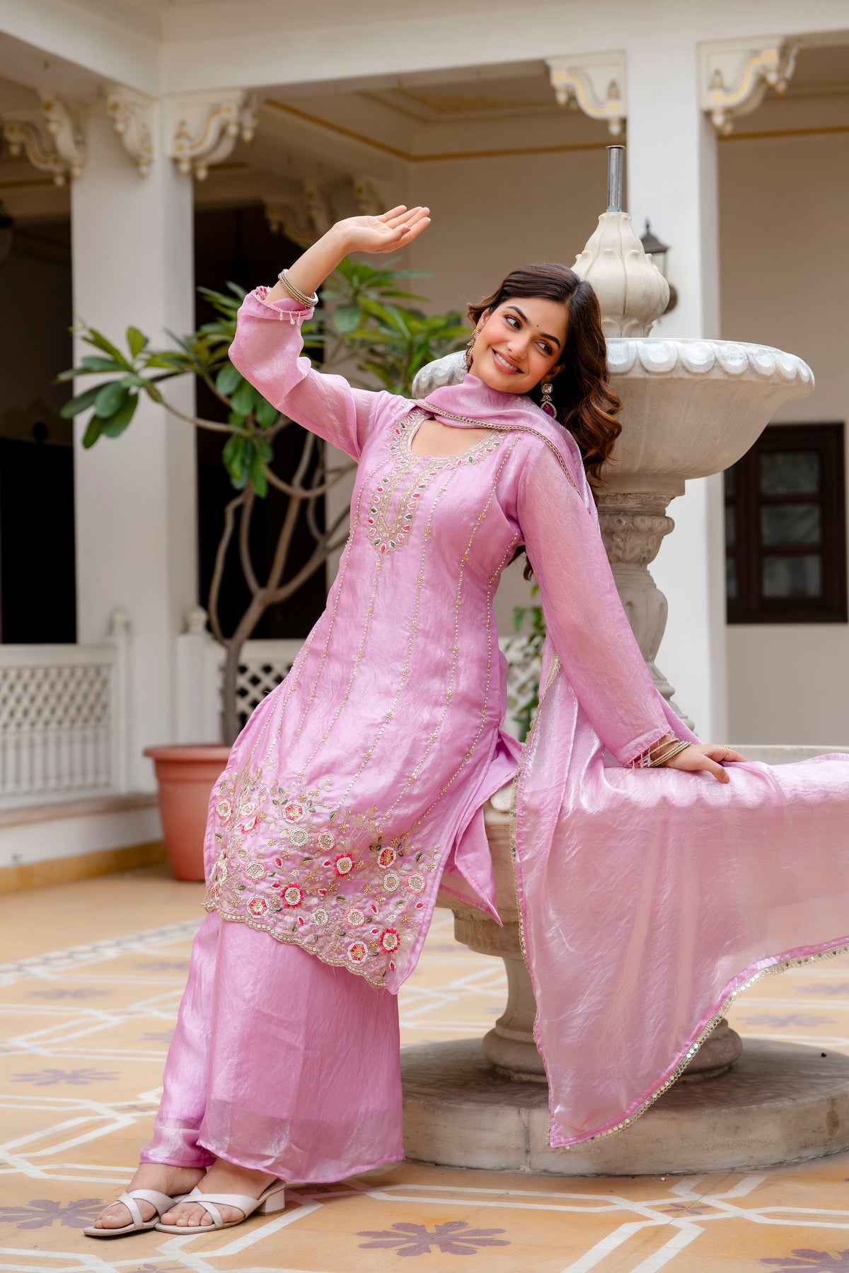 Embroidered Chinon Kurti Palazzo Set