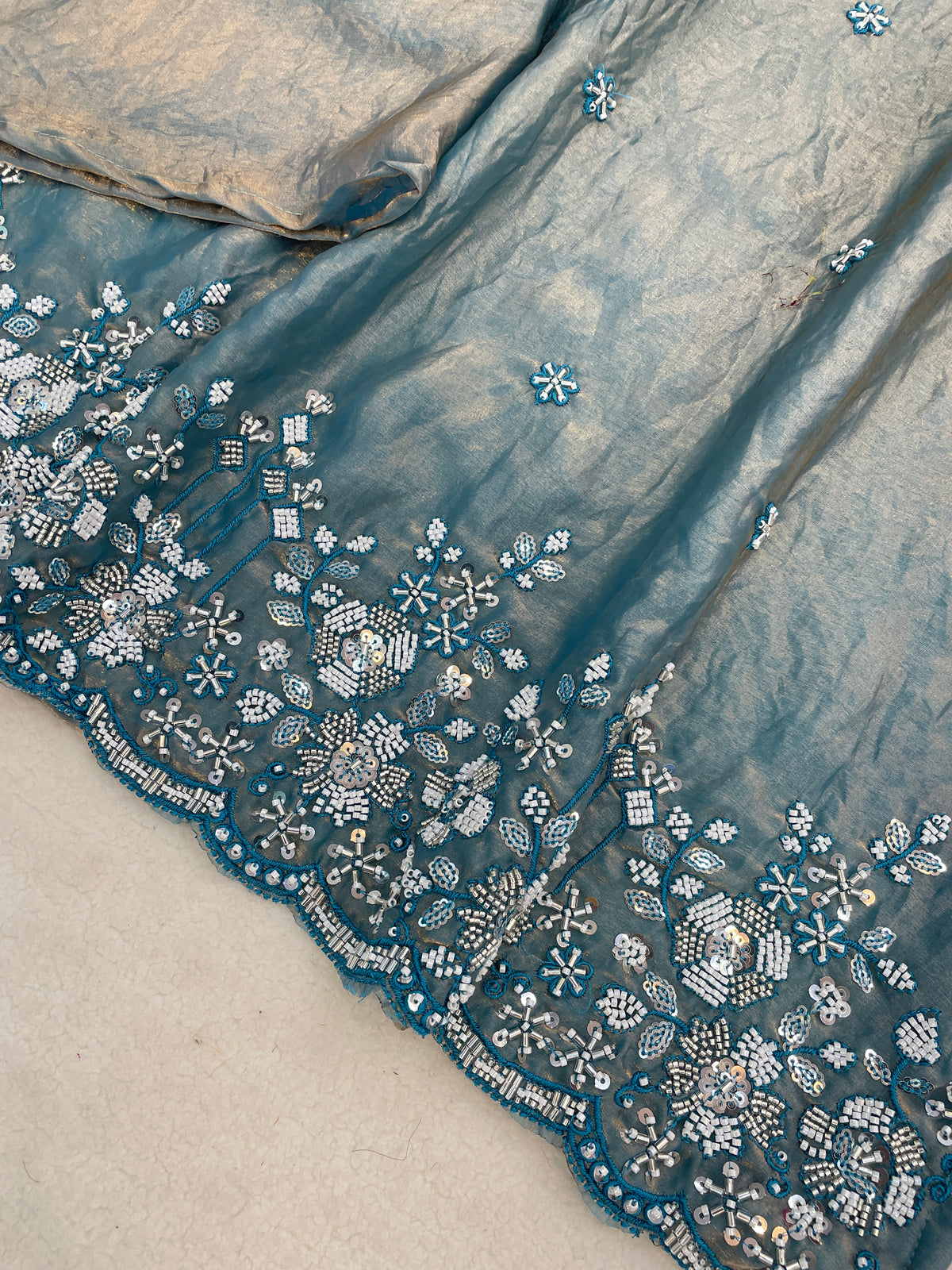 Elegant Beaded Fandi Silk Kurti Palazzo With Dupatta