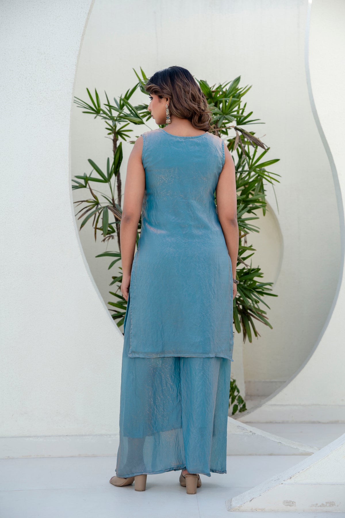 Elegant Beaded Fandi Silk Kurti Palazzo With Dupatta
