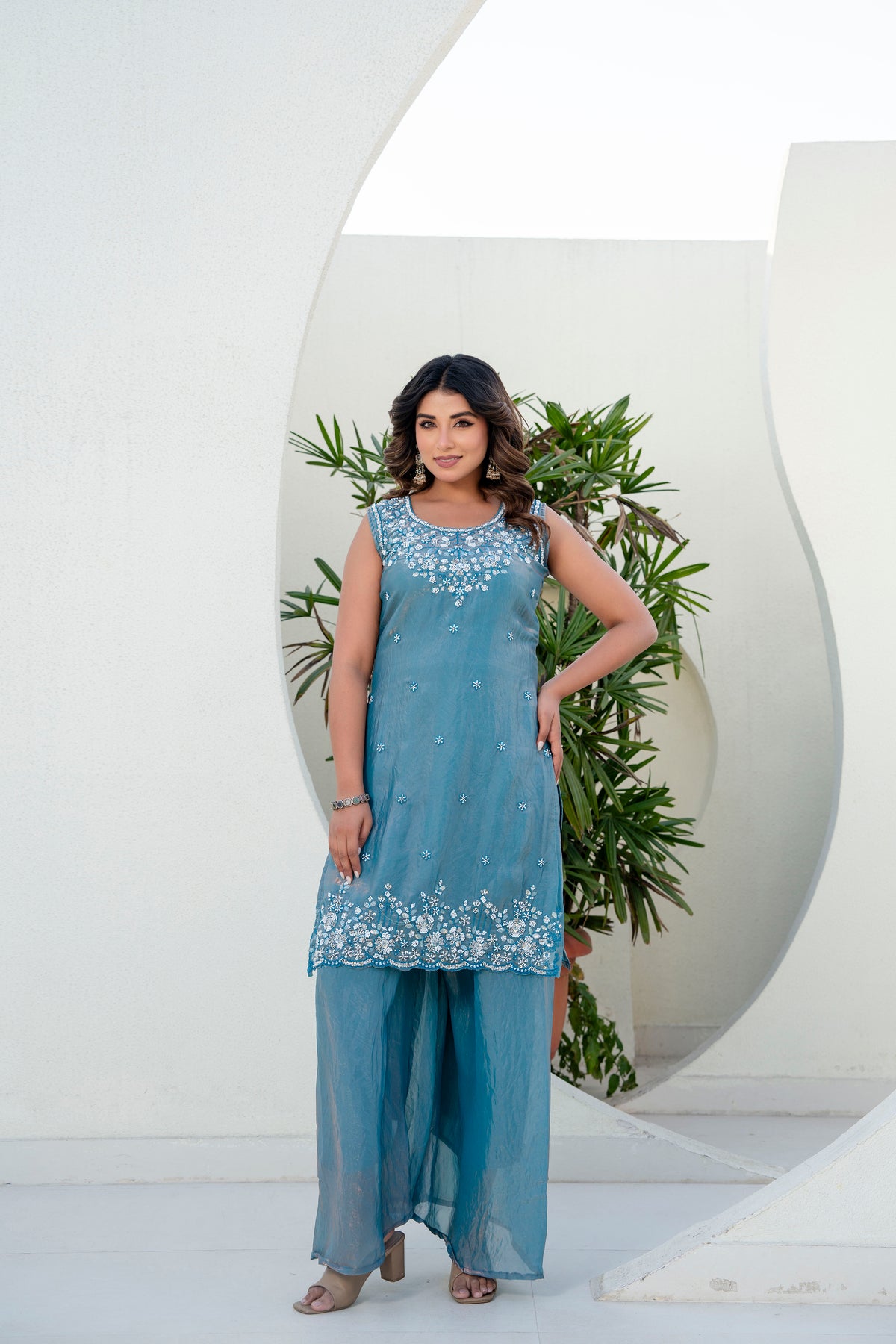 Elegant Beaded Fandi Silk Kurti Palazzo With Dupatta