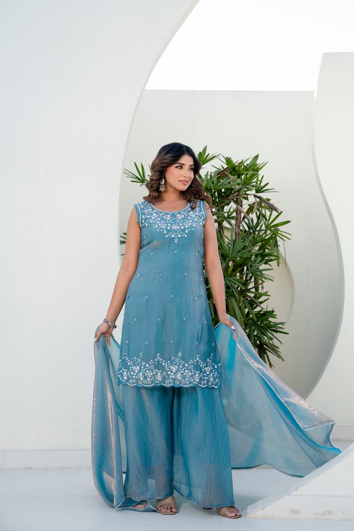 Elegant Beaded Fandi Silk Kurti Palazzo With Dupatta