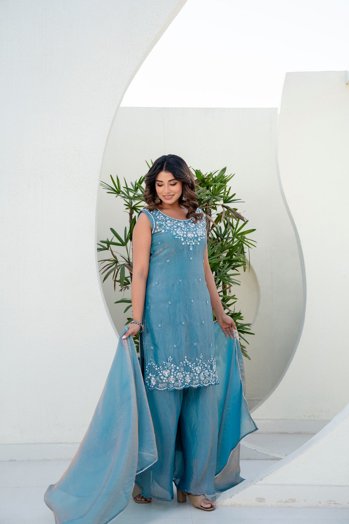 Elegant Beaded Fandi Silk Kurti Palazzo With Dupatta