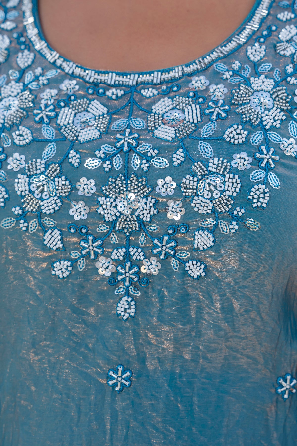 Elegant Beaded Fandi Silk Kurti Palazzo With Dupatta