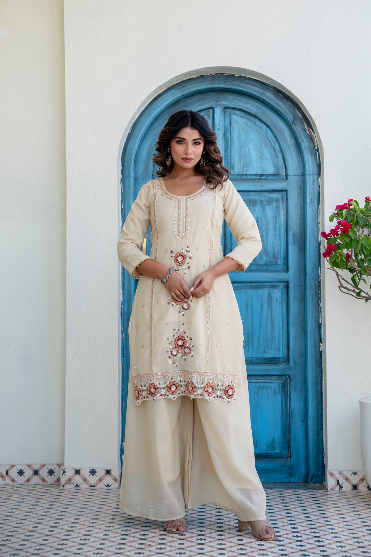 Elegant Zardozi Beaded Cosmos Shimmer Kurti Palazzo Set