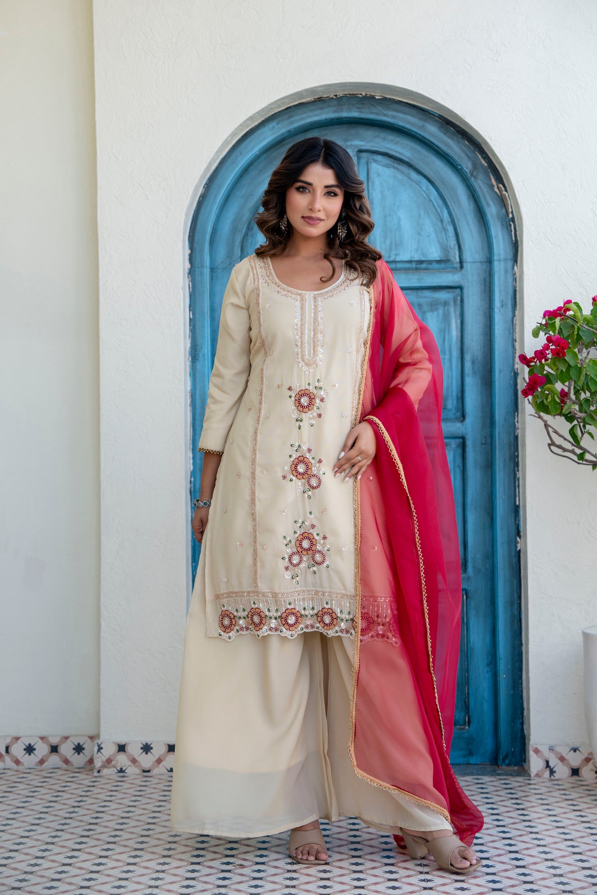 Elegant Zardozi Beaded Cosmos Shimmer Kurti Palazzo Set
