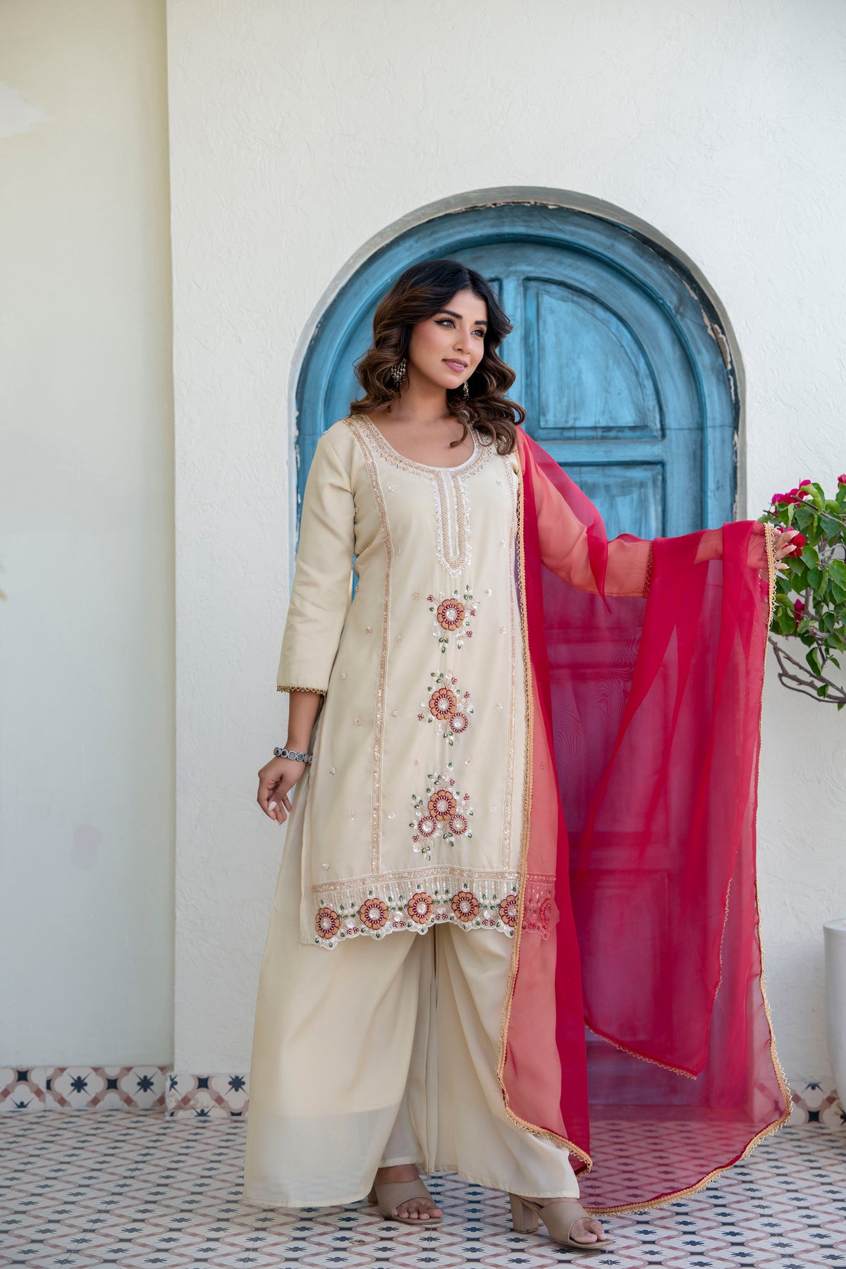 Elegant Zardozi Beaded Cosmos Shimmer Kurti Palazzo Set