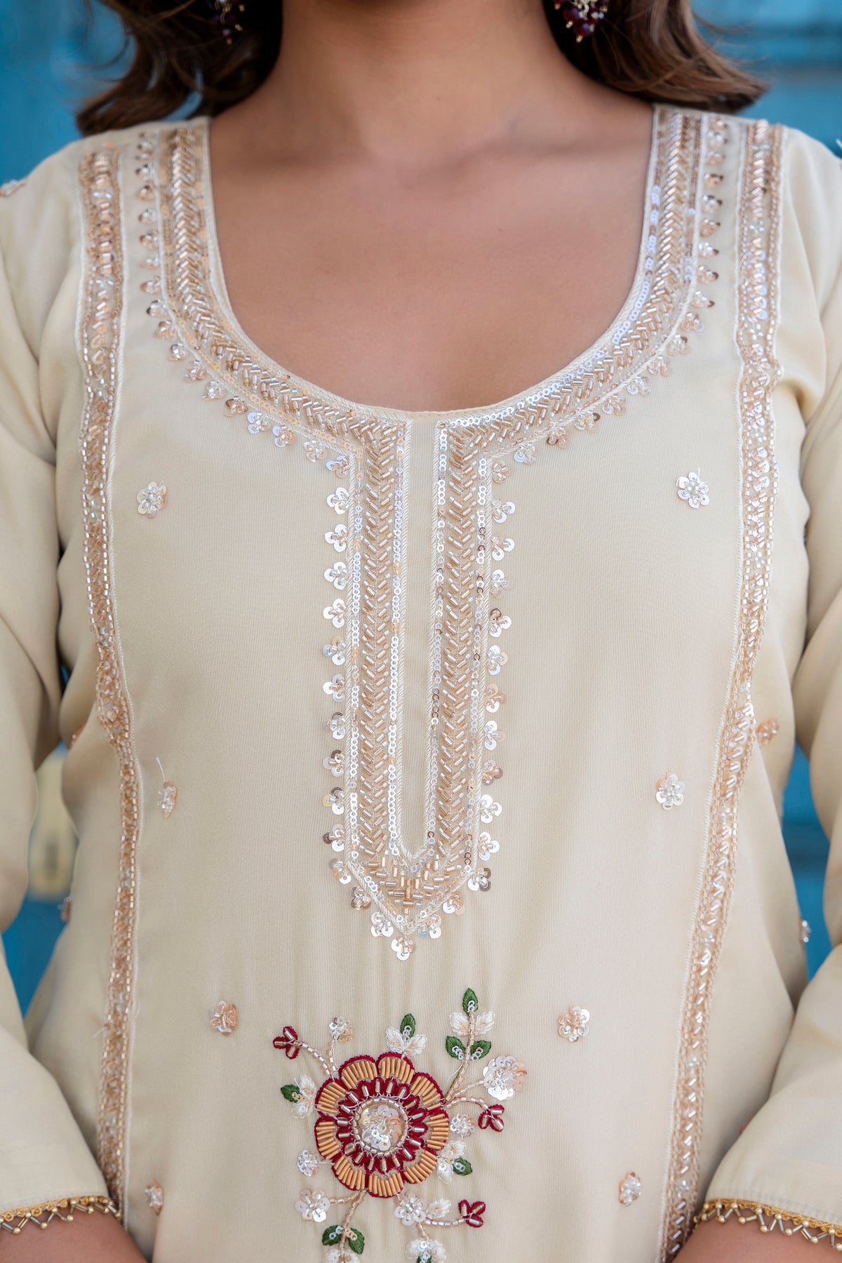 Elegant Zardozi Beaded Cosmos Shimmer Kurti Palazzo Set