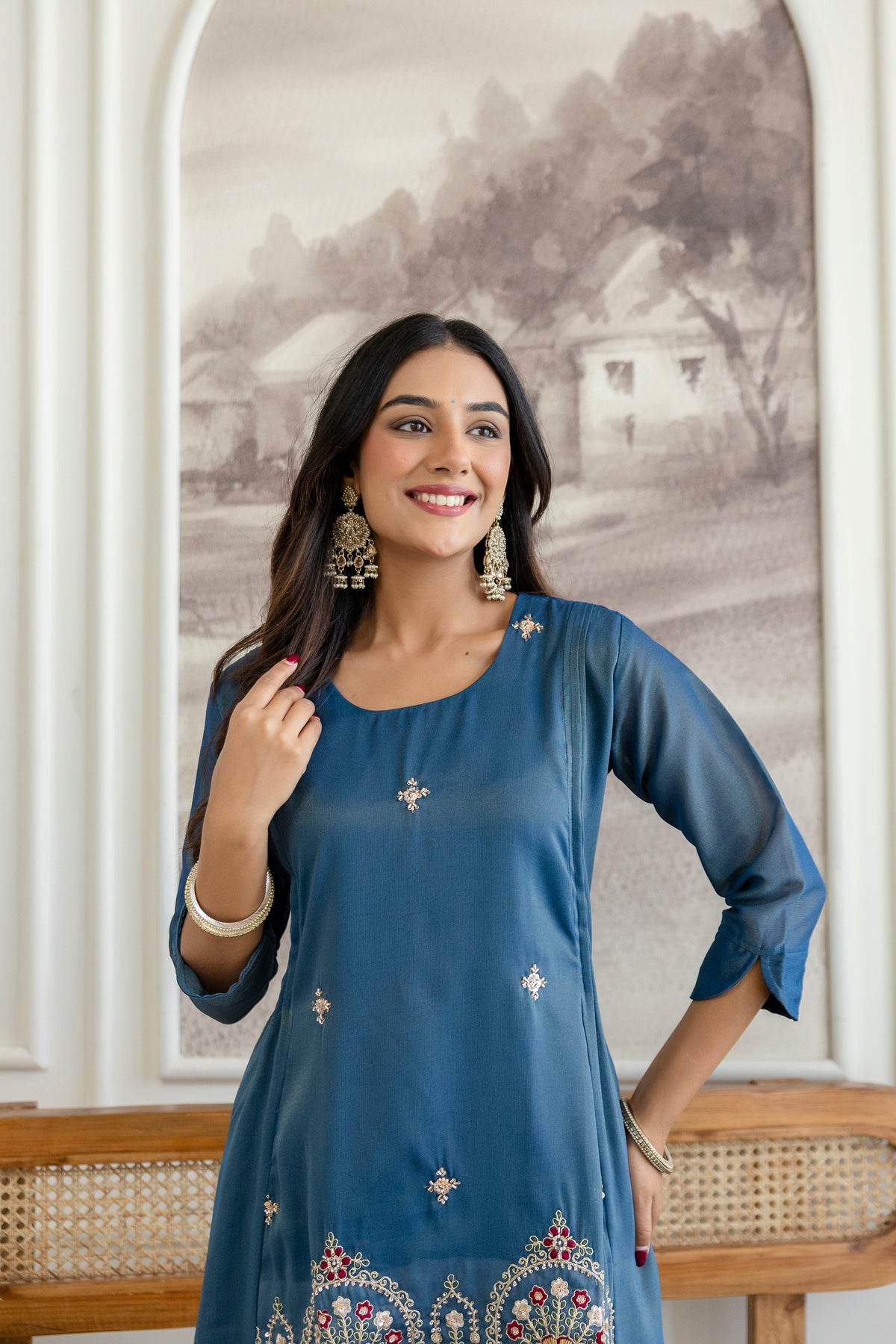 Elegant Zardozi Beaded Cosmos Shimmer Kurti pant set