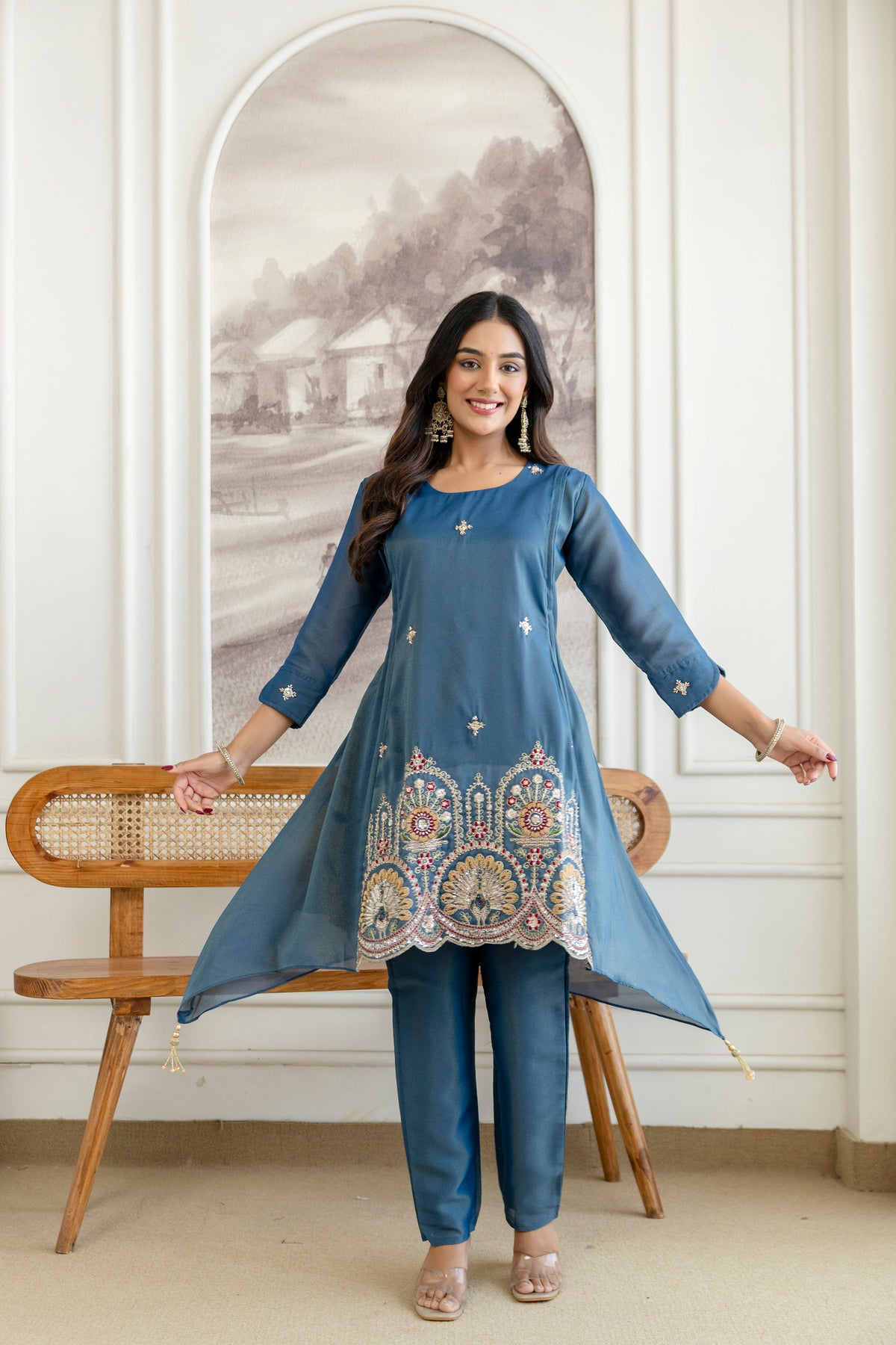 Elegant Zardozi Beaded Cosmos Shimmer Kurti pant set