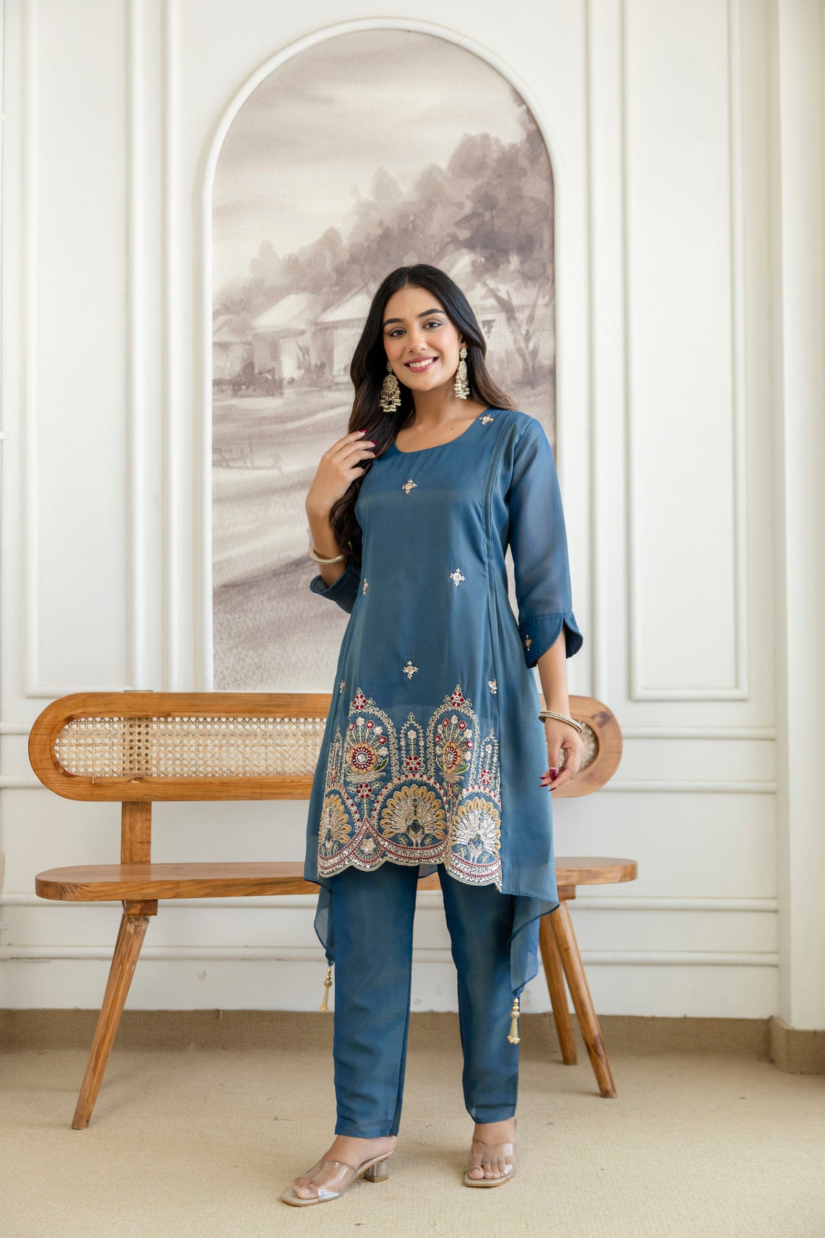 Elegant Zardozi Beaded Cosmos Shimmer Kurti pant set