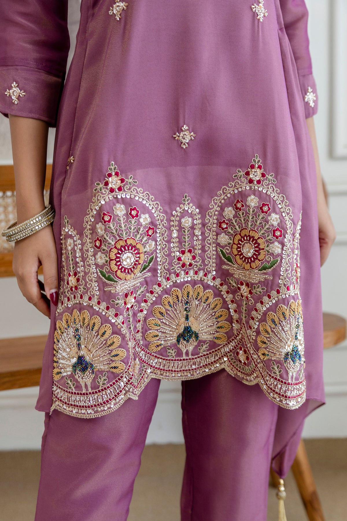 Elegant Zardozi Beaded Cosmos Shimmer Kurti pant set
