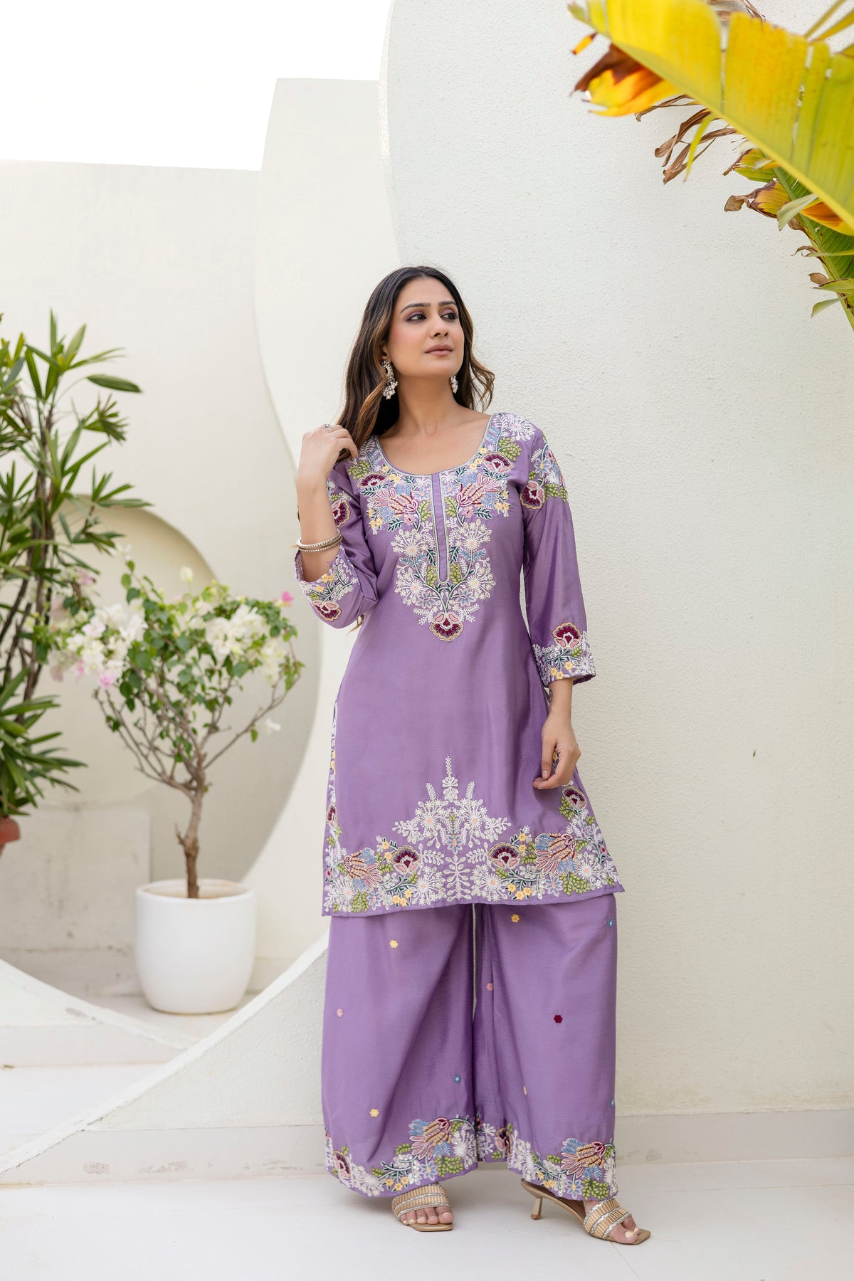 Embroidered Chinon Kurti Palazzo Set