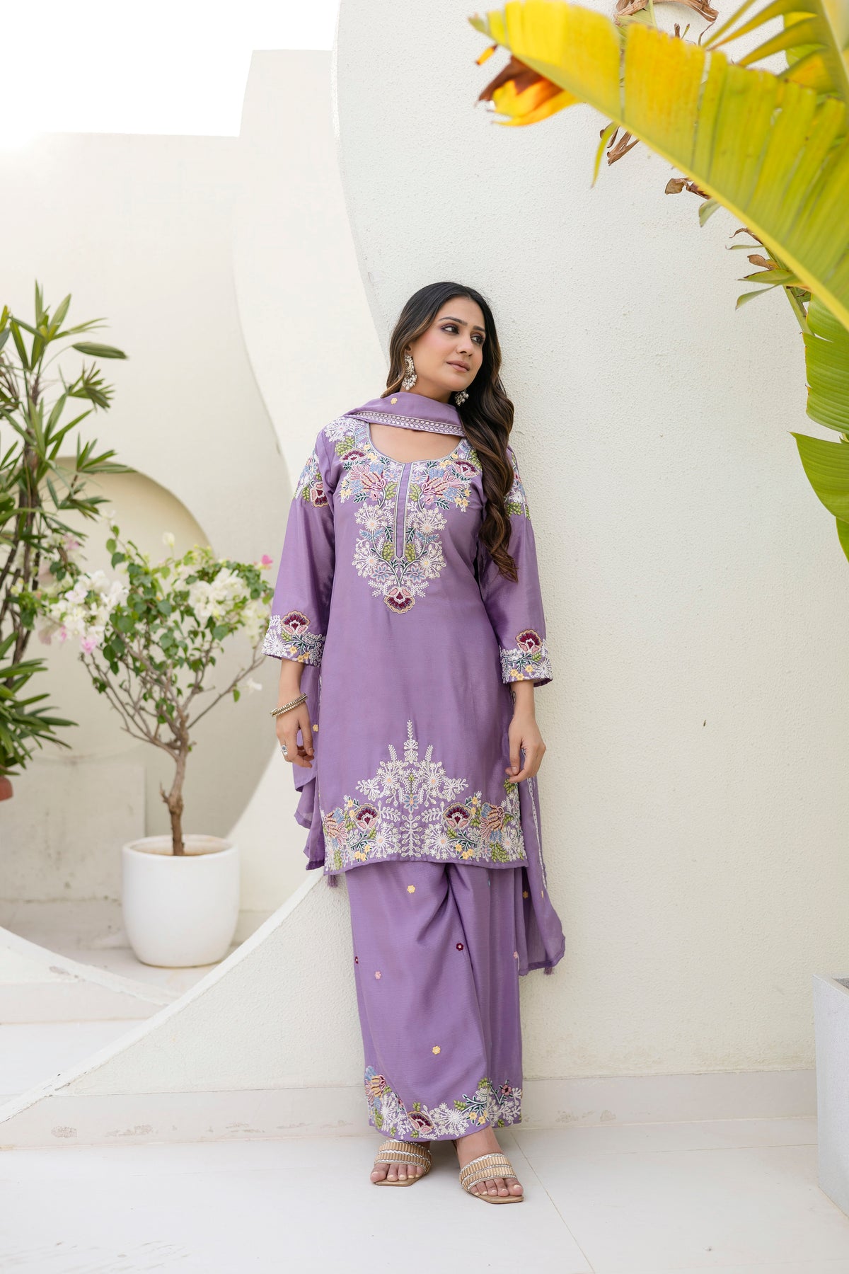 Embroidered Chinon Kurti Palazzo Set
