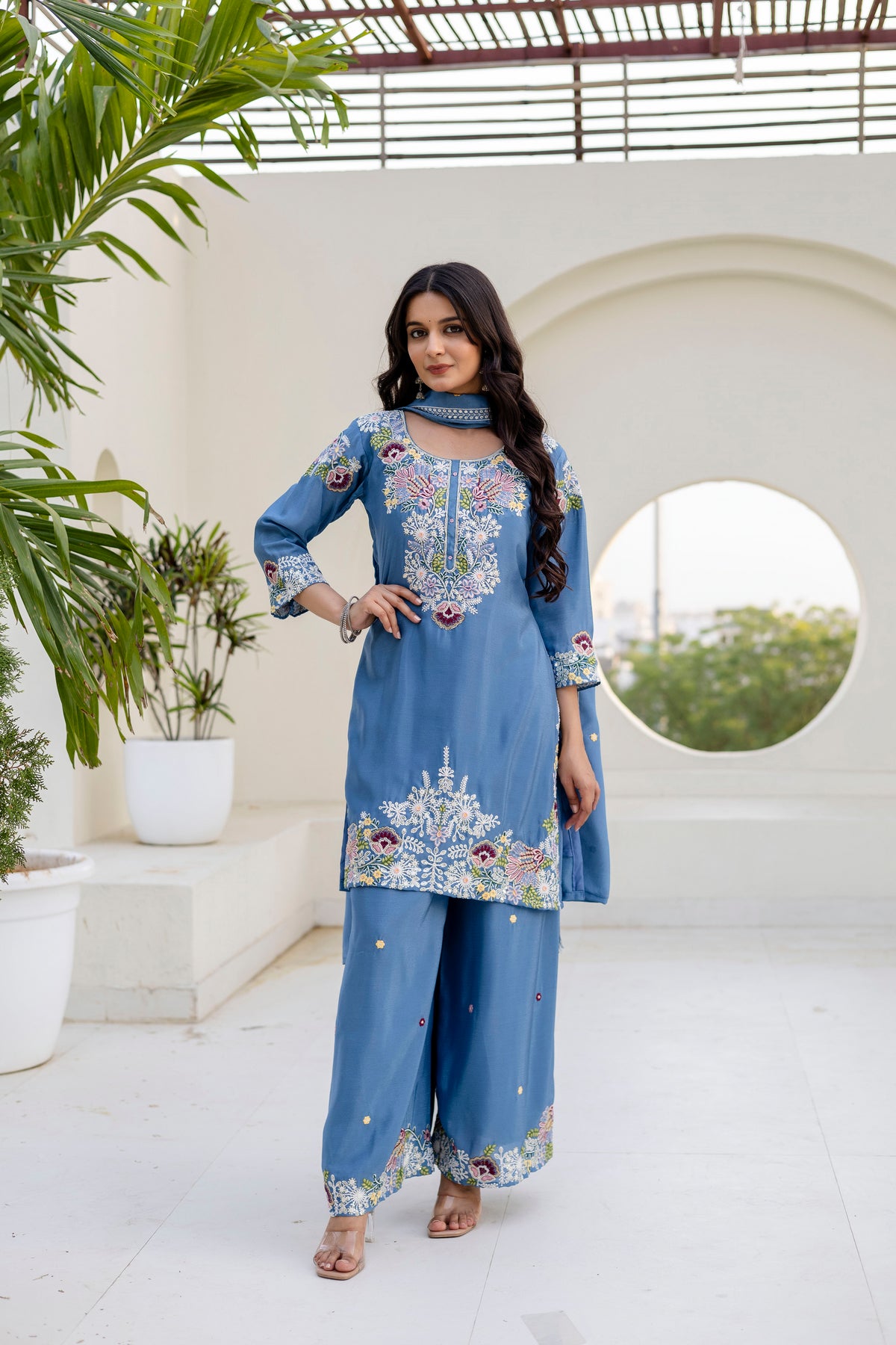 Embroidered Chinon Kurti Palazzo Set