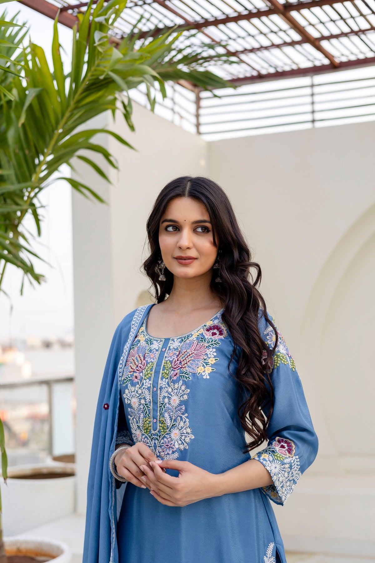 Embroidered Chinon Kurti Palazzo Set