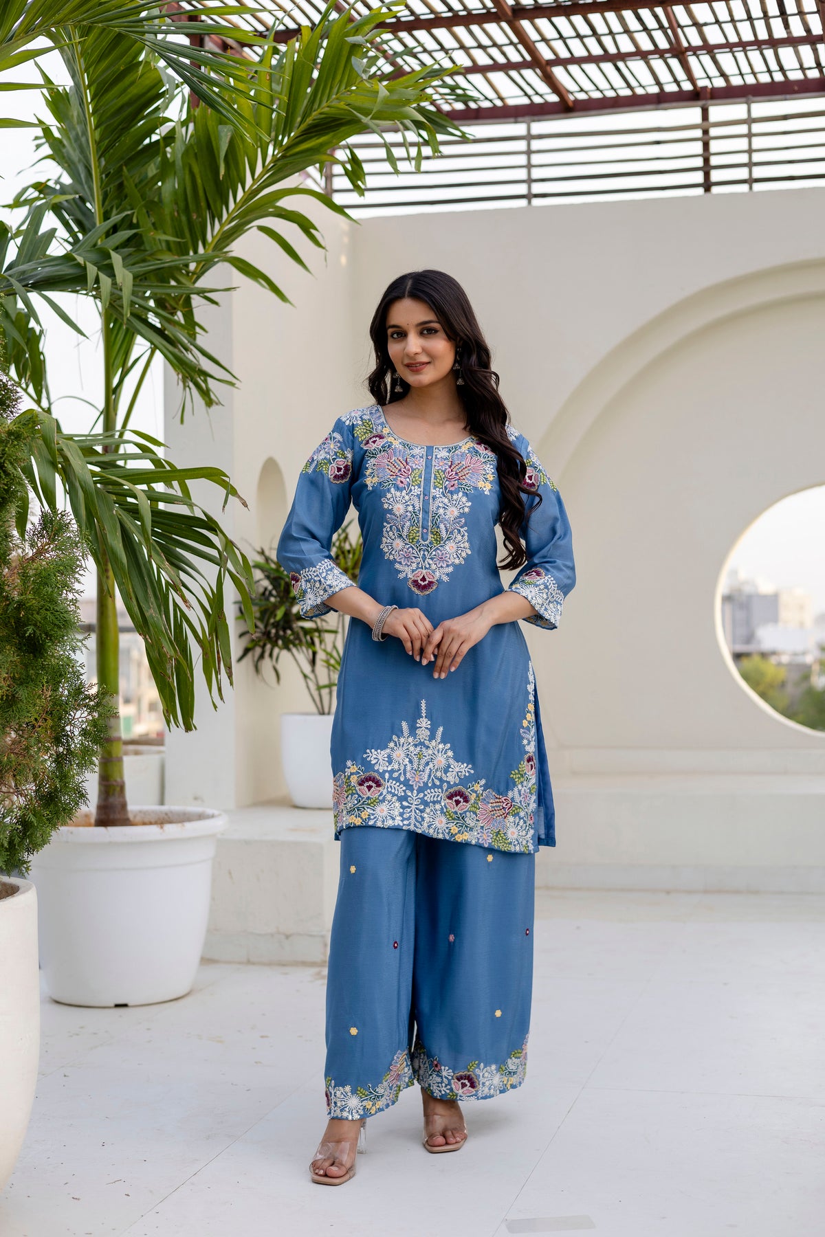 Embroidered Chinon Kurti Palazzo Set