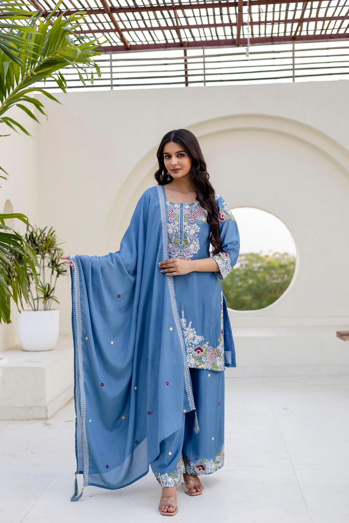 Embroidered Chinon Kurti Palazzo Set