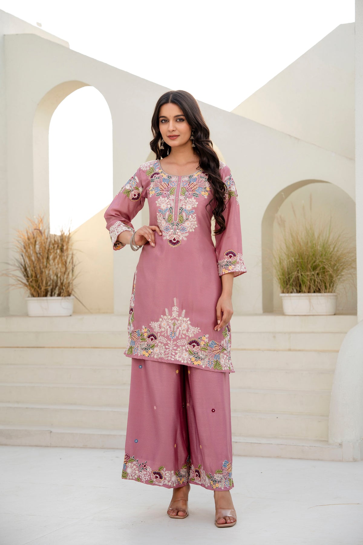 Embroidered Chinon Kurti Palazzo Set