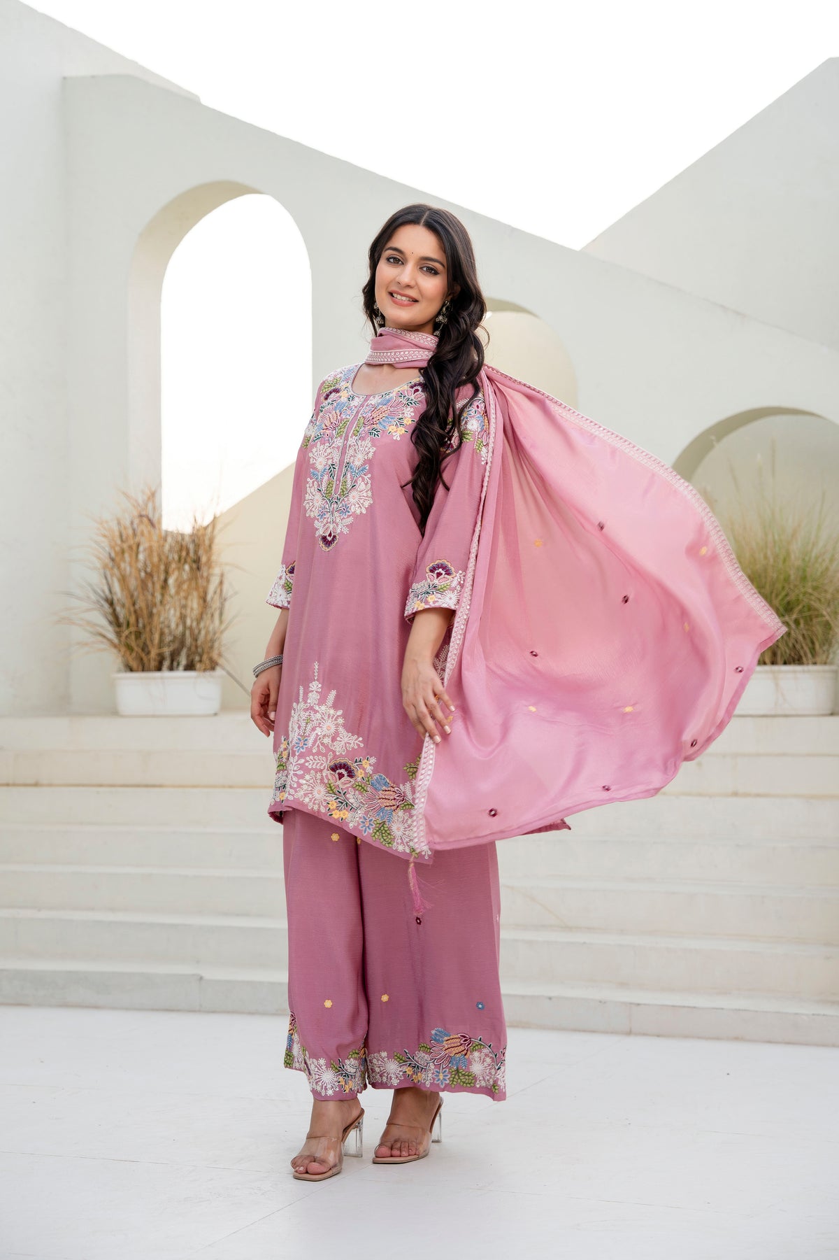 Embroidered Chinon Kurti Palazzo Set