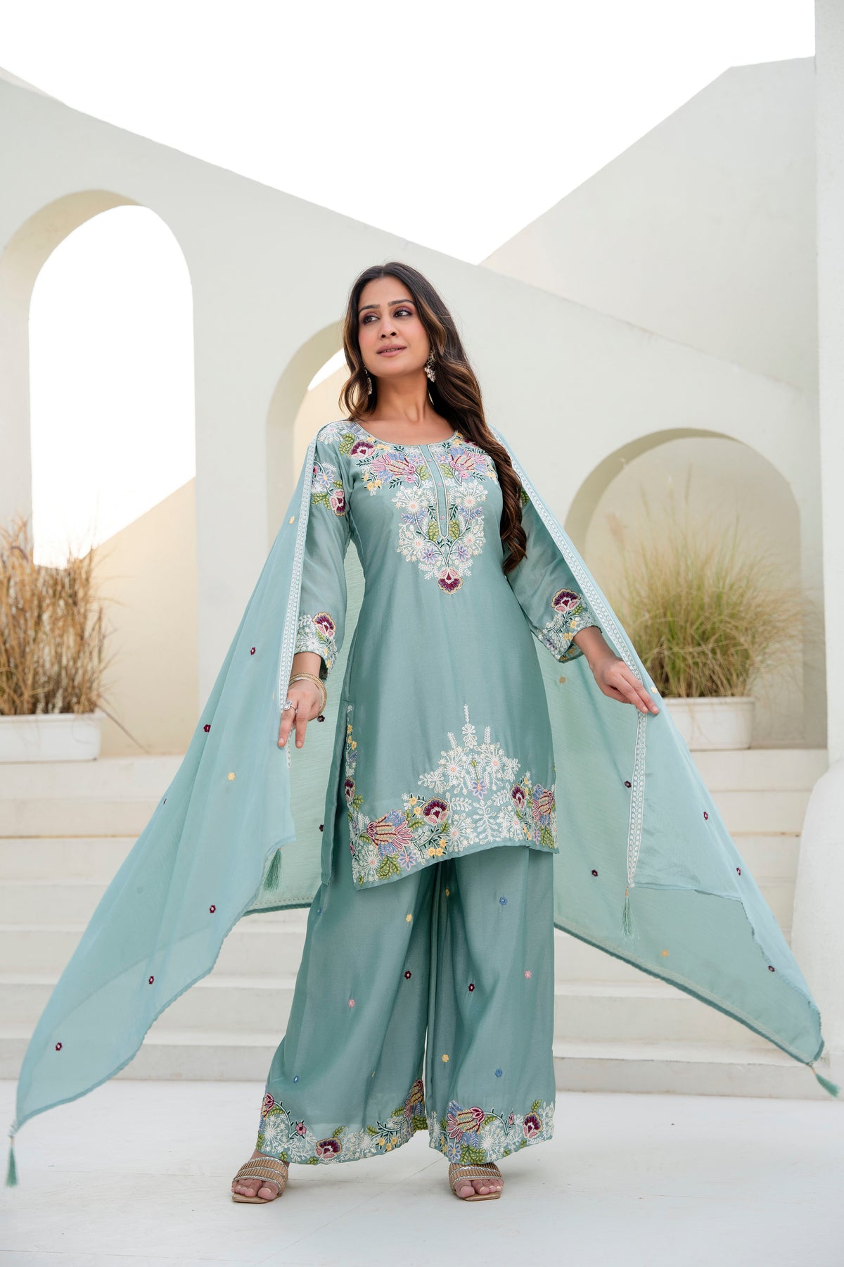 Embroidered Chinon Kurti Palazzo Set