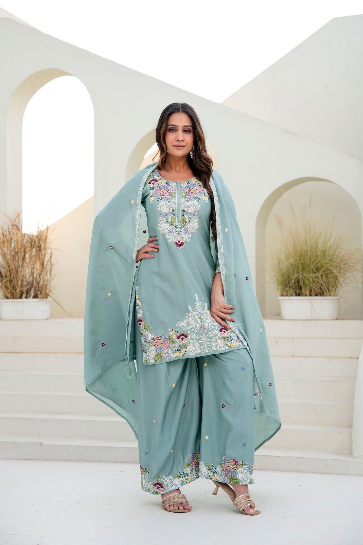 Embroidered Chinon Kurti Palazzo Set