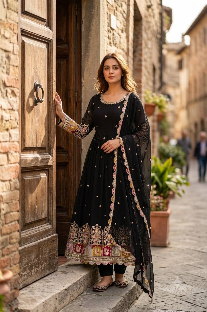 Designer Blooming Georgette Gown Pant Dupatta Set