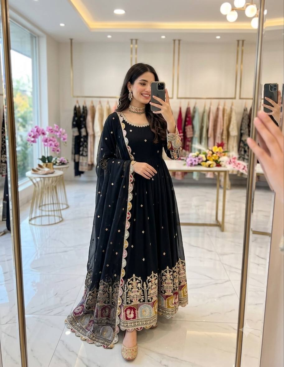 Designer Blooming Georgette Gown Pant Dupatta Set