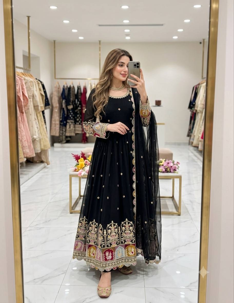 Designer Blooming Georgette Gown Pant Dupatta Set