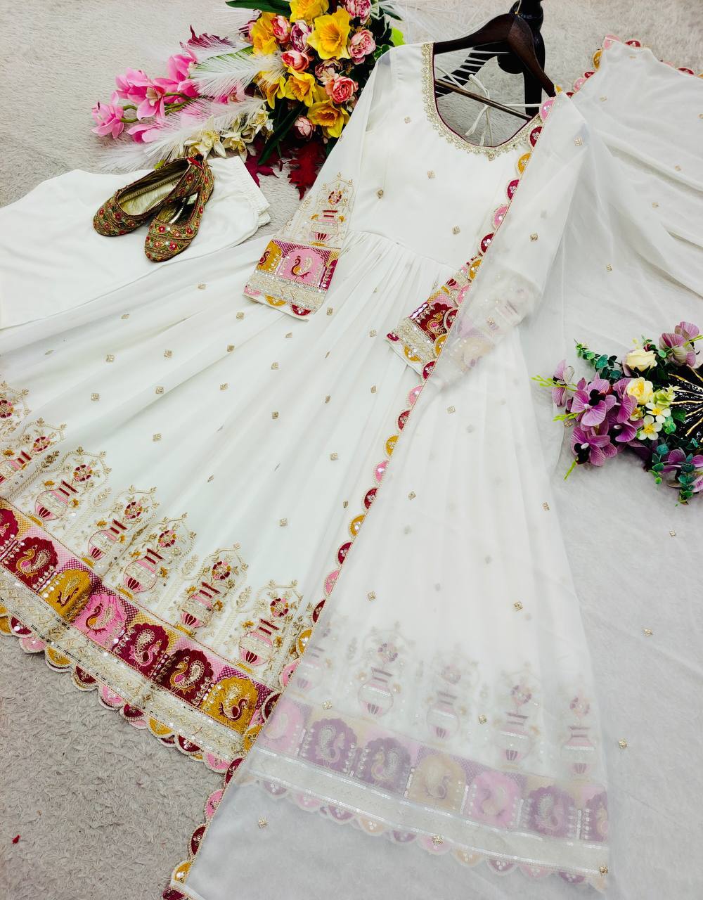 Designer Blooming Georgette Gown Pant Dupatta Set