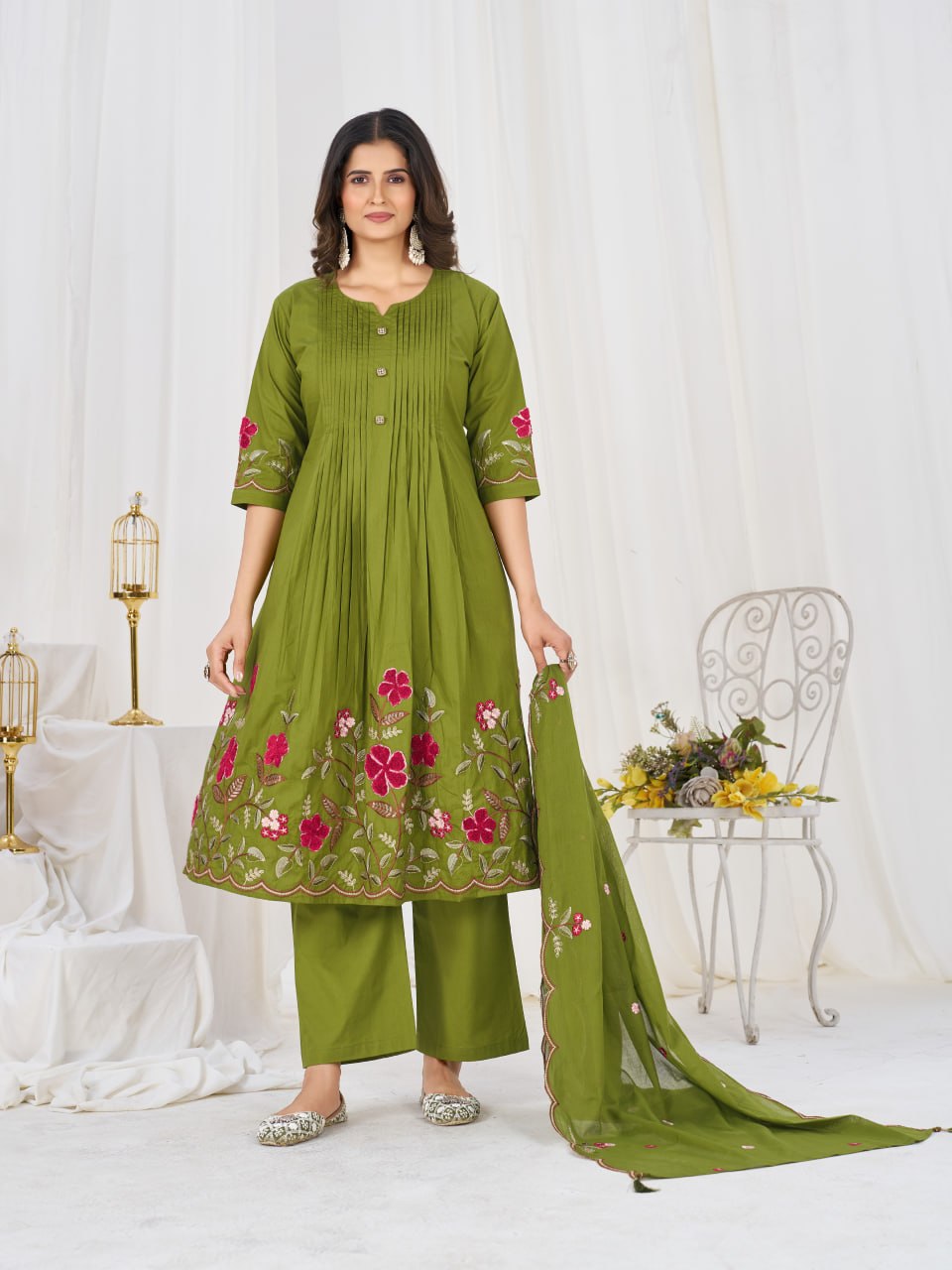 Elegant Embroidered Pure Cotton Anarkali Kurti Set