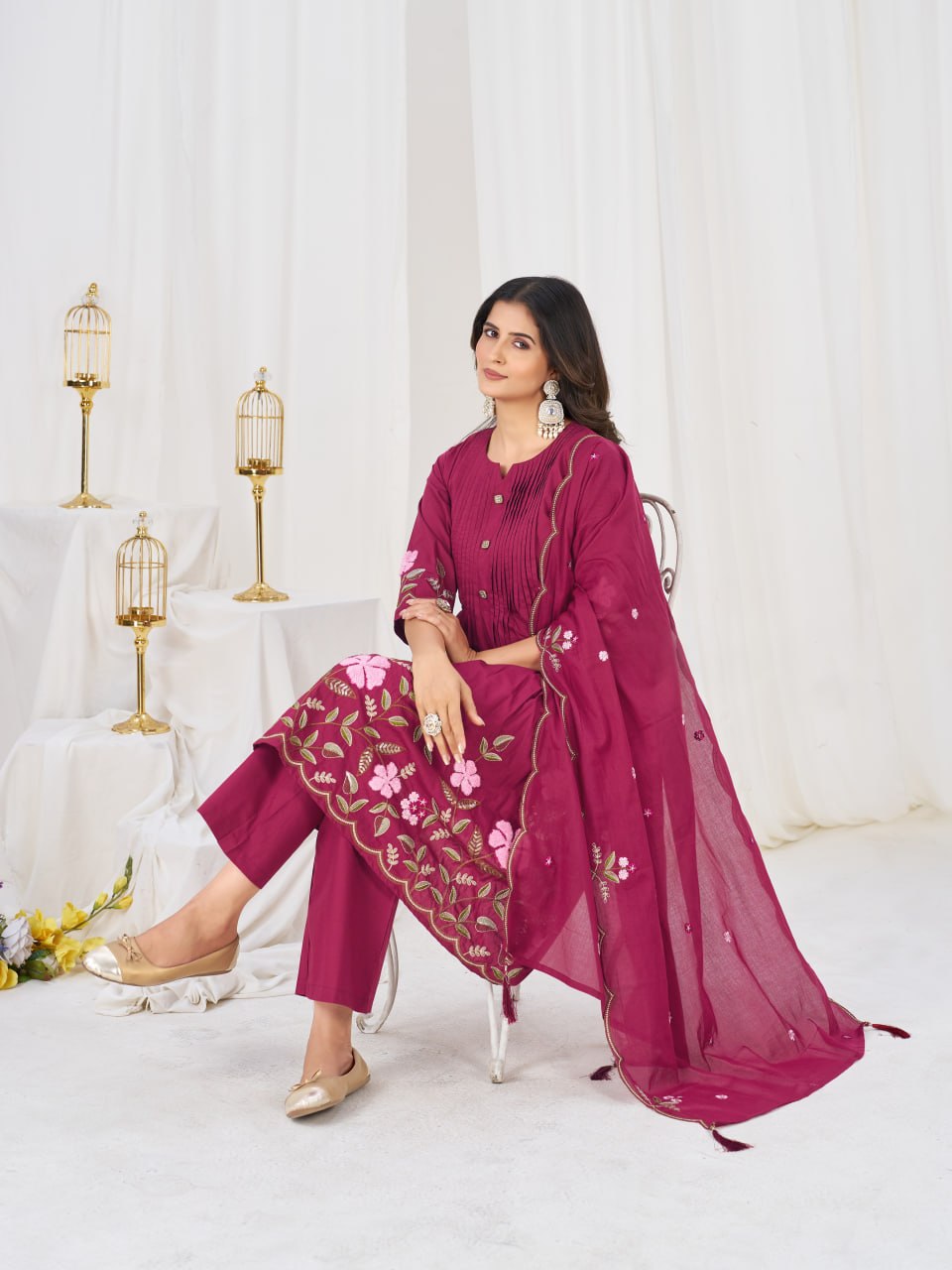 Elegant Embroidered Pure Cotton Anarkali Kurti Set