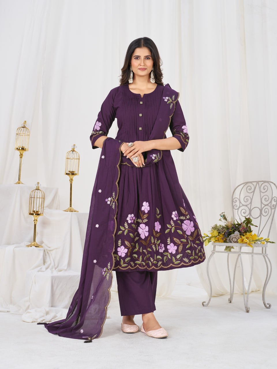 Elegant Embroidered Pure Cotton Anarkali Kurti Set